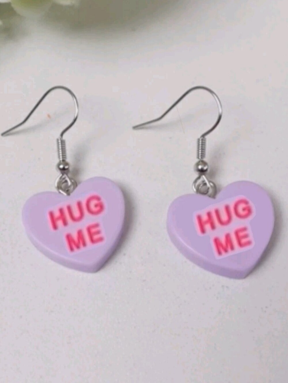 3/$20🌟 Lavender HUG ME Candy Conversation Heart Drop Dangle Earrings